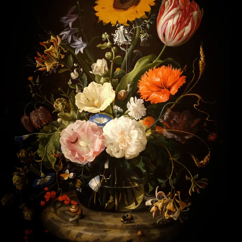 Flowers in a Glass Bottle on a Marble Plinth