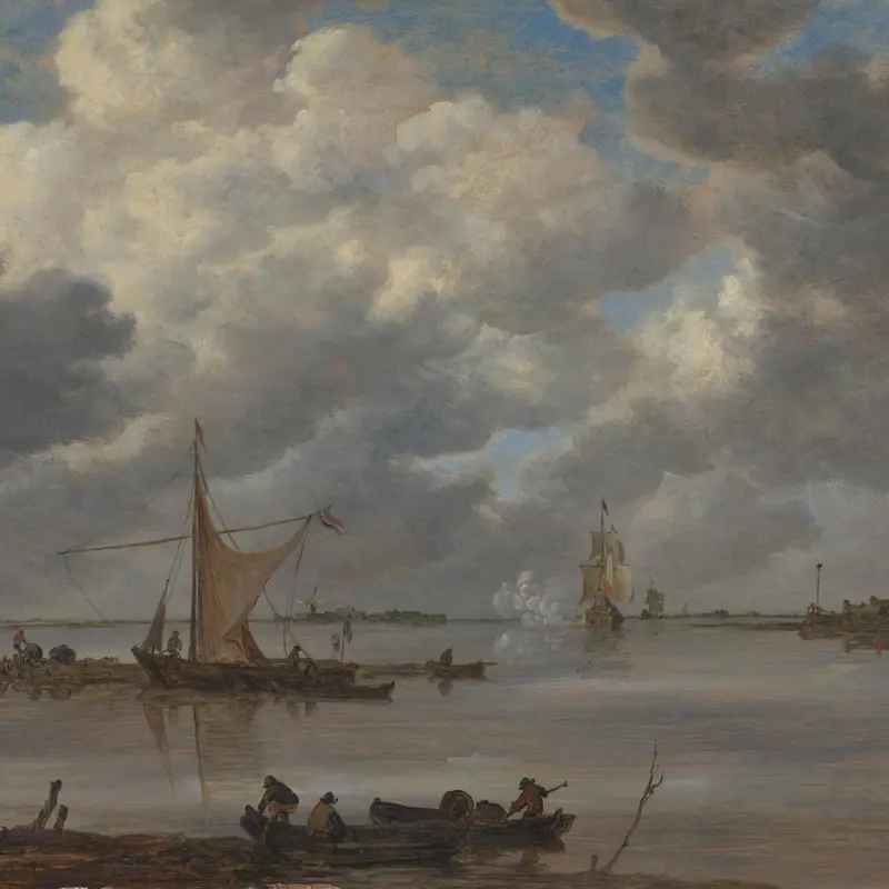 An Estuary with Fishing Boats and Two Frigates
