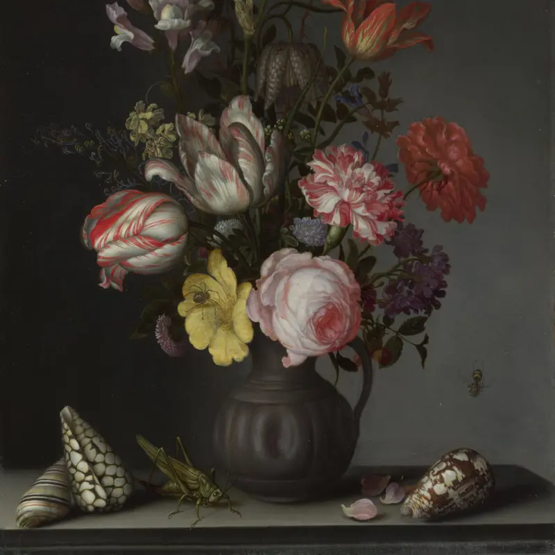 Flowers in a Vase with Shells and Insects
